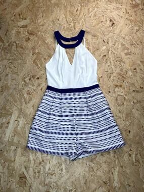Funky Soul Womens Halter Romper Size M White Blue Geometric Pattern NWT